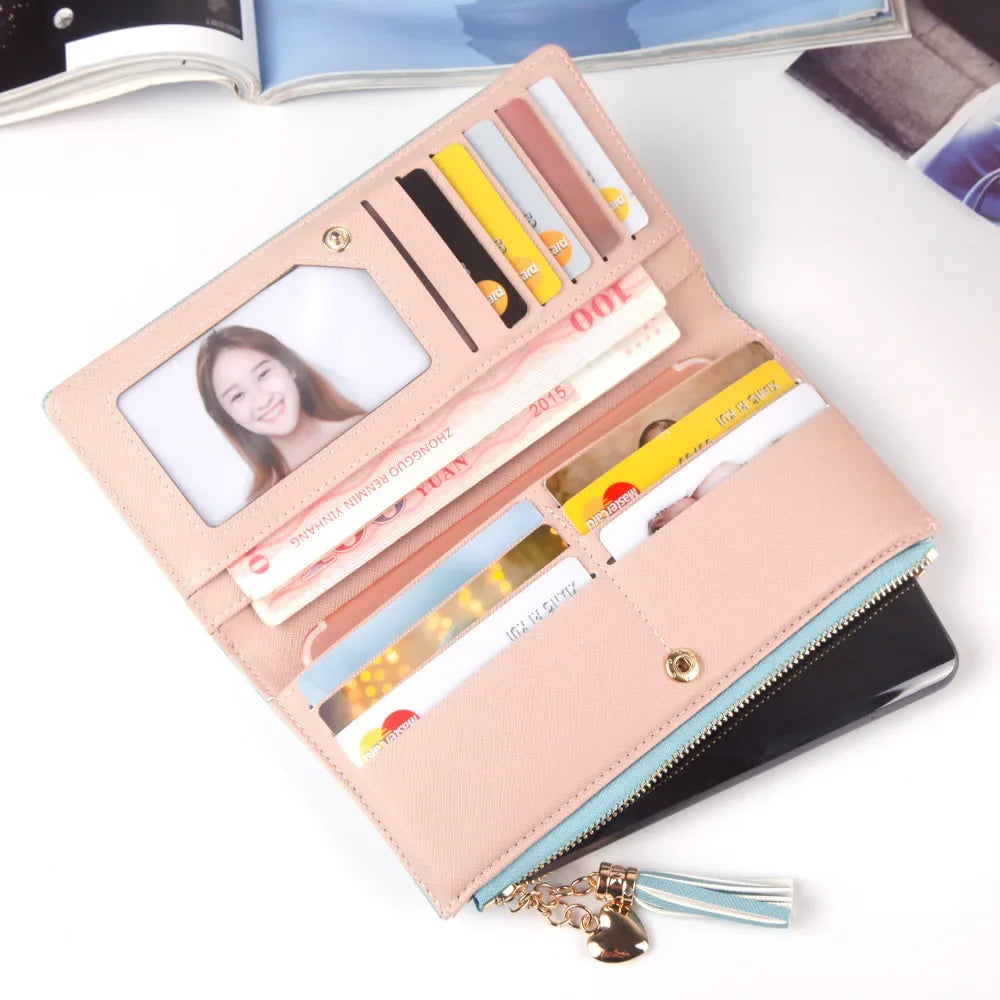 Women's Long Wallet,Multi Card slots Handheld Clutches,Tassel Zipper Clutch Purse,Slim Large Capacity Leather Mobile Phone Bag.