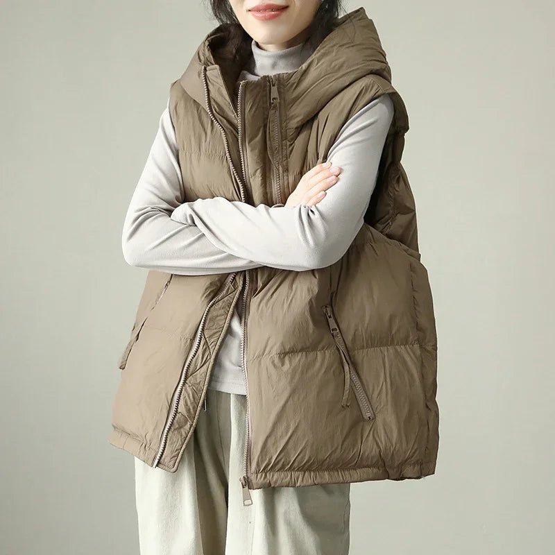 Schinteon Women White Duck Down Vest with Hood Autumn Winter Warm Over Size Casual Sleeveless Jacket Top Fashionable Gilet 2024.