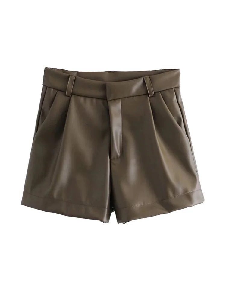 TRAF-Women's Faux Leather Shorts with Side Pockets, High Waist, Zipper Fly, Female Short Pants, Chic Fashion.