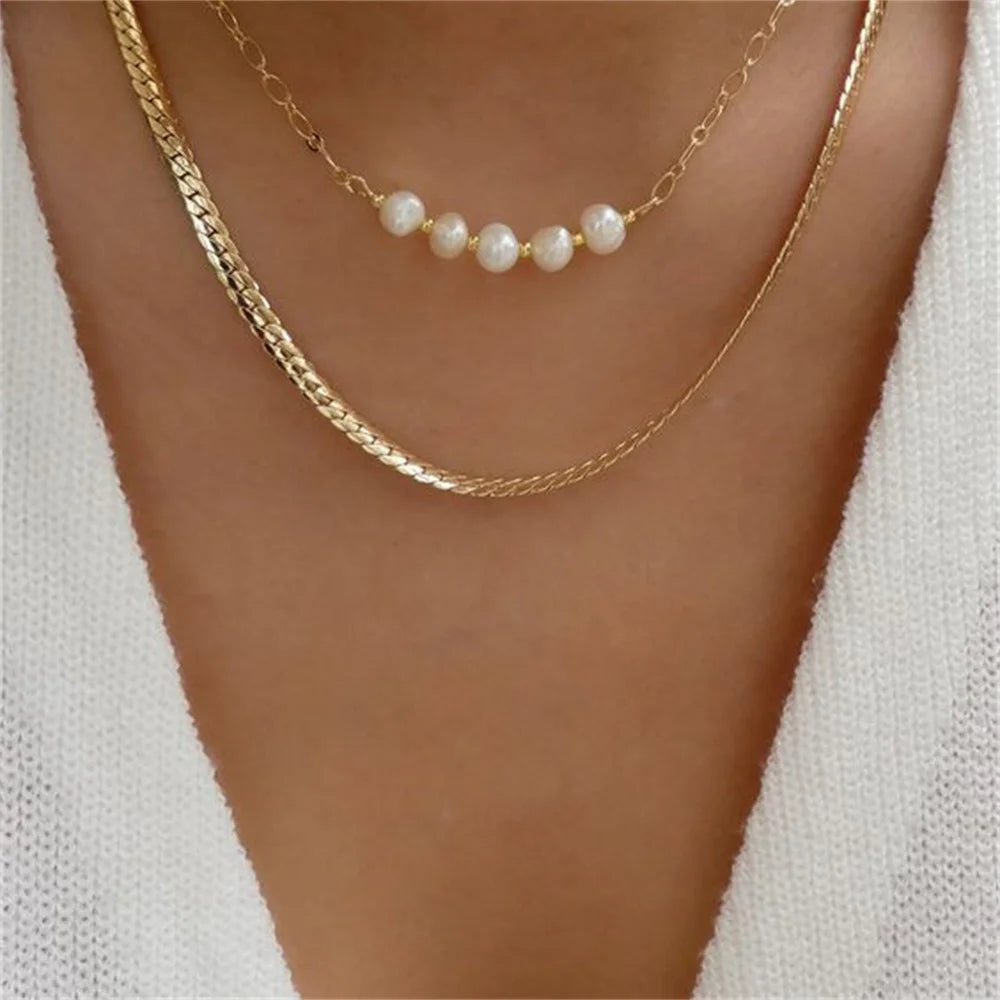 Gold-plate Faux Pearl Snake Chain Shell Pendant Necklaces For Women Necklace New Multi Level Female Boho Vintage Jewelry Gift.