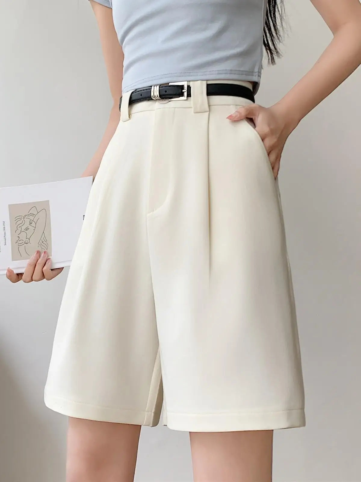 ZHISILAO New Casual Knee Length Shorts Women Office Wear High Waist Wide Leg Shorts Summer 2023.