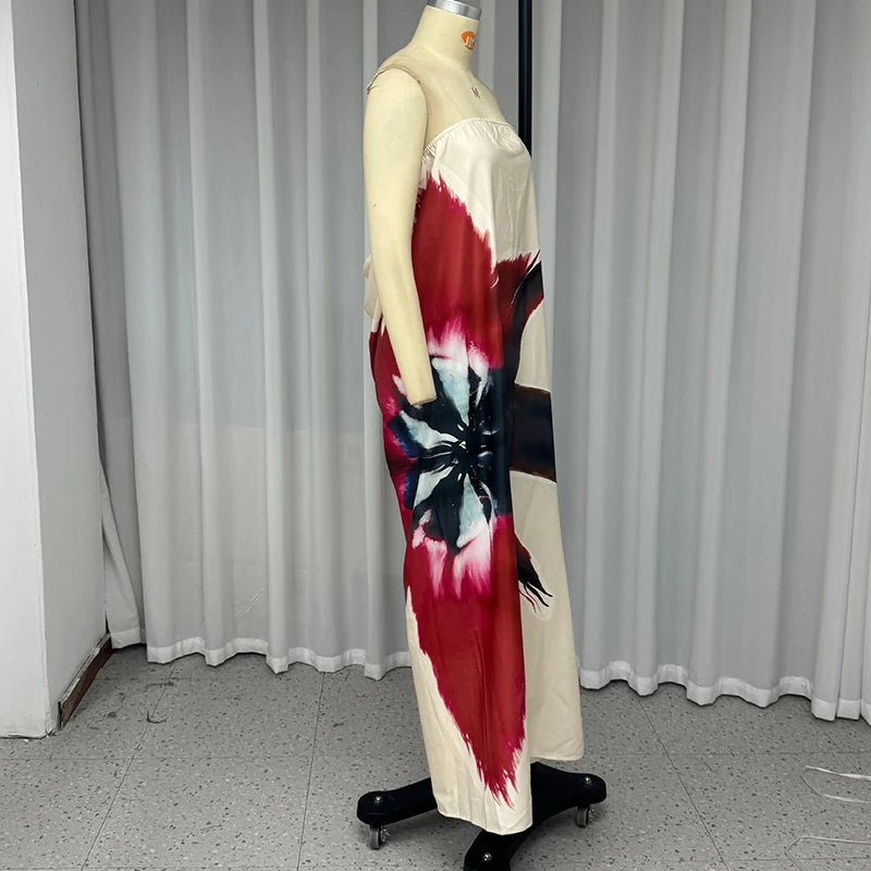 Ellafads Long Dress Women Casual Sexy Summer Printed Sleeveless Strapless Tube Backless Buckle Loose Beach Dresses.