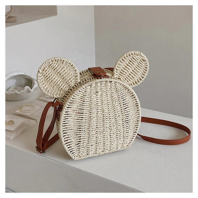 Disney 2023New Ladies Designer Straw Fancy Bag Cute Handbag Rattan Travel Leisure Vacation Small Round Beach Mickey Shoulder Bag - Elevate Your Body