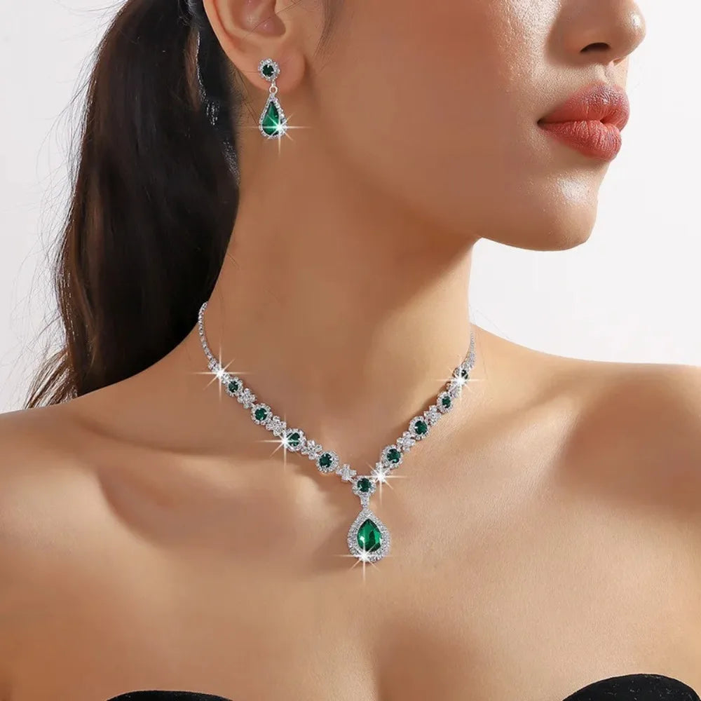 3 pieces of women's crystal droplet necklace with earrings set for wedding evening dress Elegant accessories.