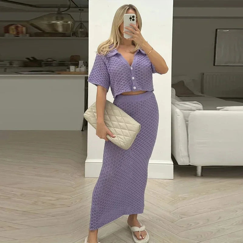 Elegant Knitted Long Skirt Women's Sets Hollow Out Lapel Short Sleeve Cropped Top  Maxi Skirts 2024 Summer Crochet Female Suit.