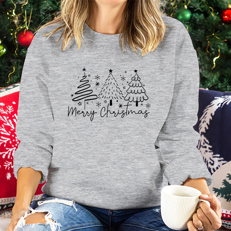 Merry Christmas Tree Trending Sweatshirts Women Funny Festive Fashion Casual Hoodies Trendy Christmas Tree Design Holiday Hoodie.