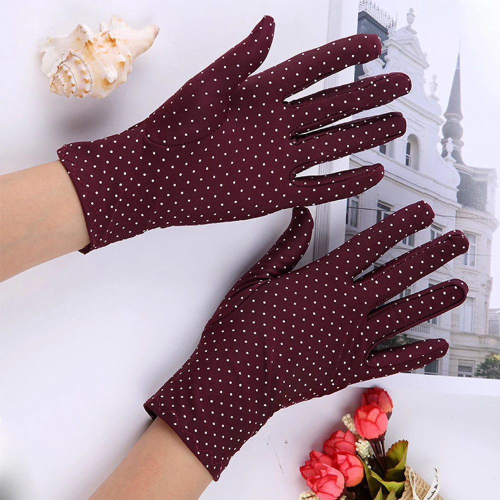 Fashionable Women's Spandex Driving Gloves for Summer Sunscreen Protection with Dots Design.