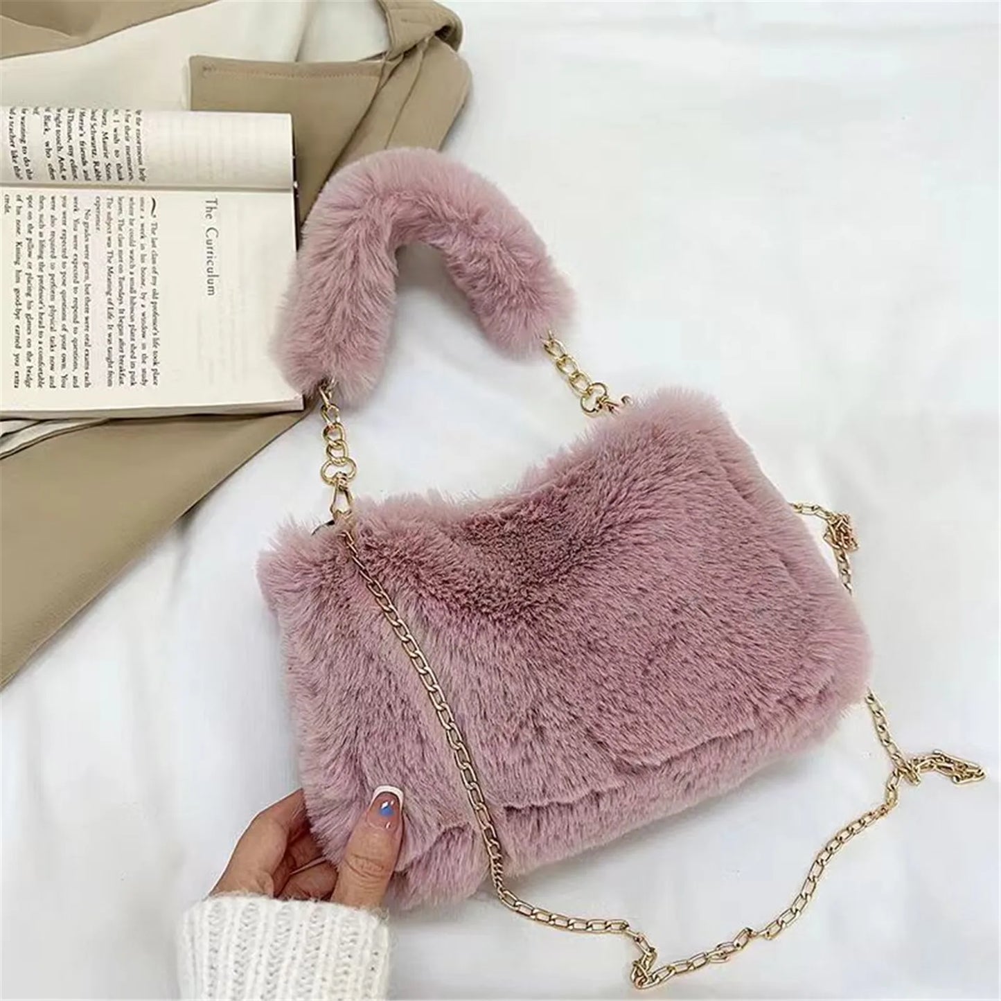 Plush Handbag Women'S New Eco-Friendly Fur Furry Mini Handbag Korean Fashion Plush Crossbody Bag Square Bag