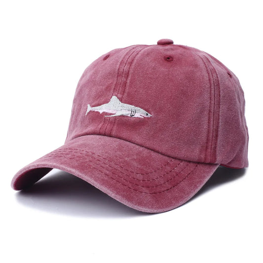 Embroidered Shark Design Washed Cotton Baseball Cap for Men and Women - Hip Hop Style Adjustable Fishing Snapback Hat.