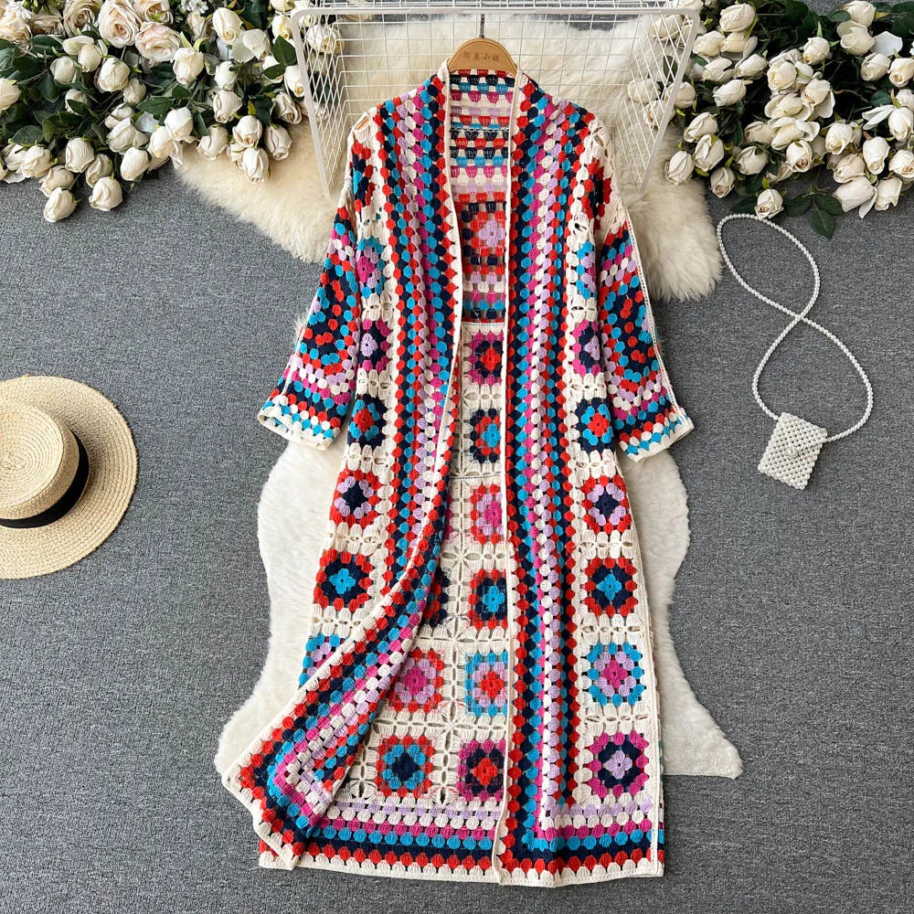 SINGREINY Summer Holiday Beach Long Cardigans Spring Fashion Vintage Floral Knit Cardigan Streetwear Loose Hollow Out Overcoat.