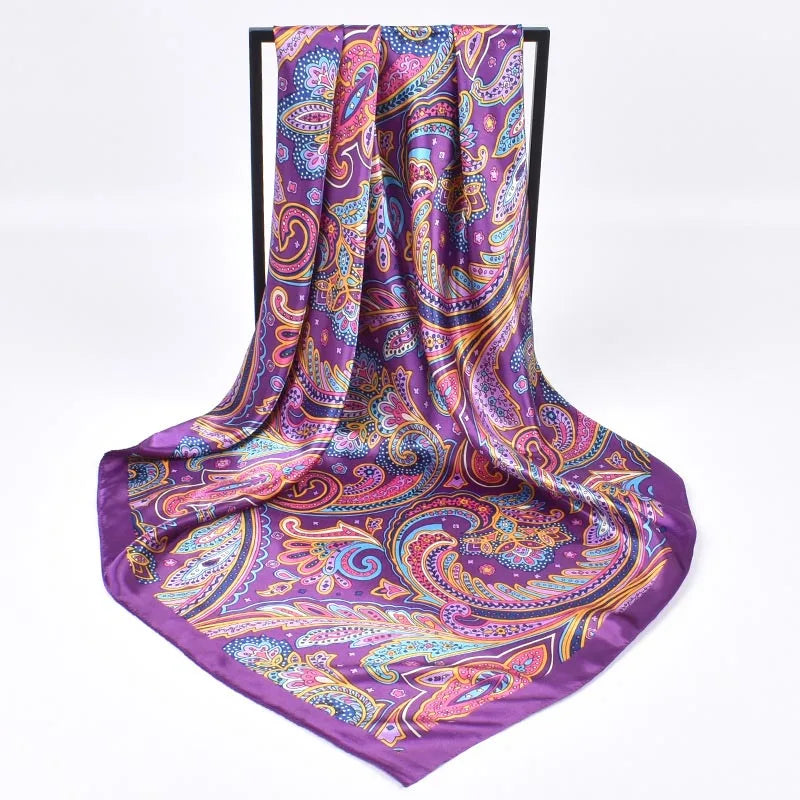 Versatile Cashew Satin Large Square Scarf with Fashion Stripes for Women - Trendy and Personalized Design.