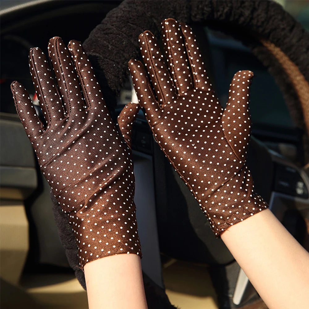 Fashionable Women's Spandex Driving Gloves for Summer Sunscreen Protection with Dots Design.