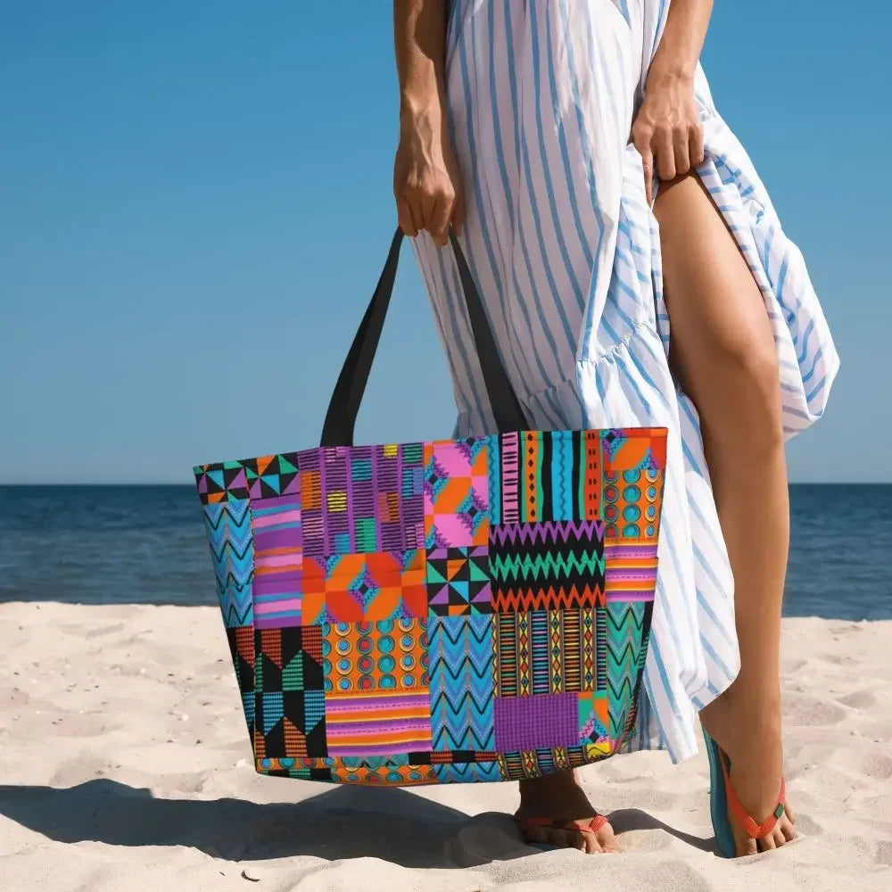 Custom African Kente Cloth Design Tote Bag for Women Large Capacity Traditional Africa Ethnic Ankara Beach Gym Travel Bags