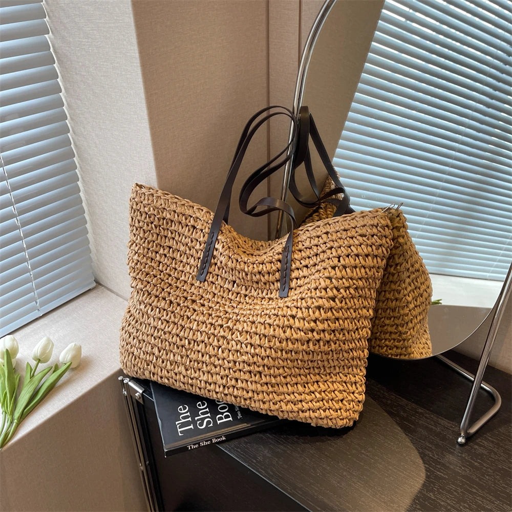 MOODS Luxury Design Straw Woven Tote Bags For Women Large Capacity Shoulder Beach Bag Pure Color Summer New Big Shopping Handbag