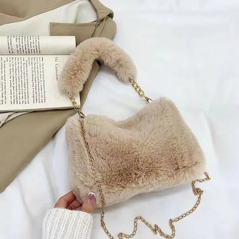 Plush Handbag Women'S New Eco-Friendly Fur Furry Mini Handbag Korean Fashion Plush Crossbody Bag Square Bag.