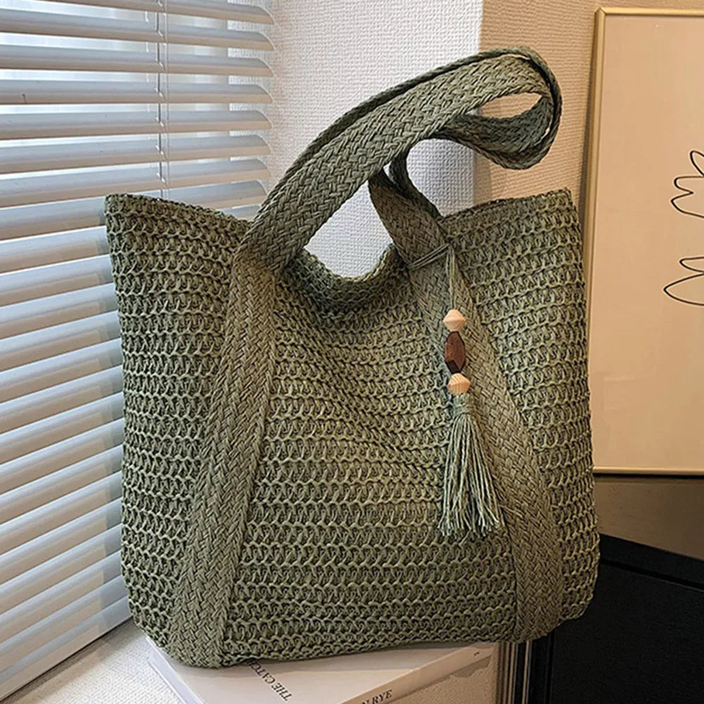 Women Shoulder Bag Summer Hand-Woven Handbags Fashion Handmade Simple Large Capacity with Tassel Pendant Shopping Handbag Tote.