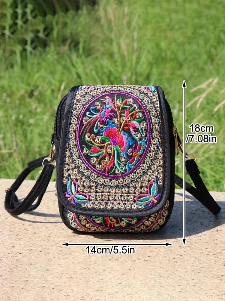 1PC Embroidered National Style Cloth Bag Waist Bag Oblique Span Shoulder Coin Mini Wallet Carry Vertical Square.