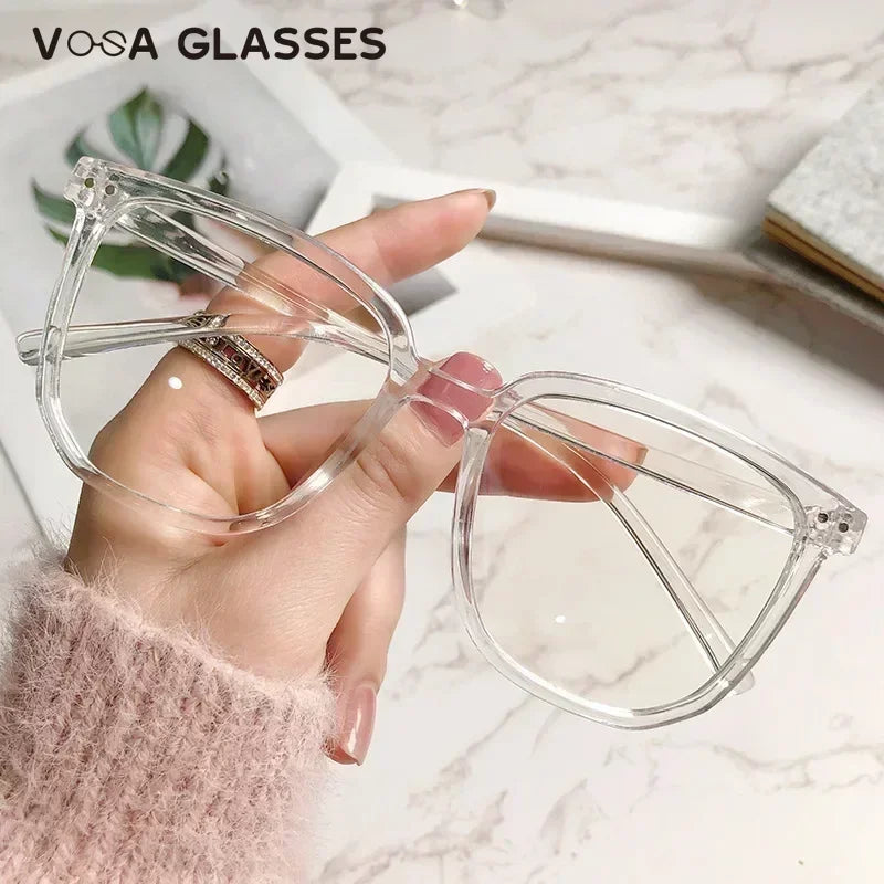 Stylish Oversized Transparent Square Myopia Glasses for Men and Women with Anti-Blue Light Lenses (-600 to 0).