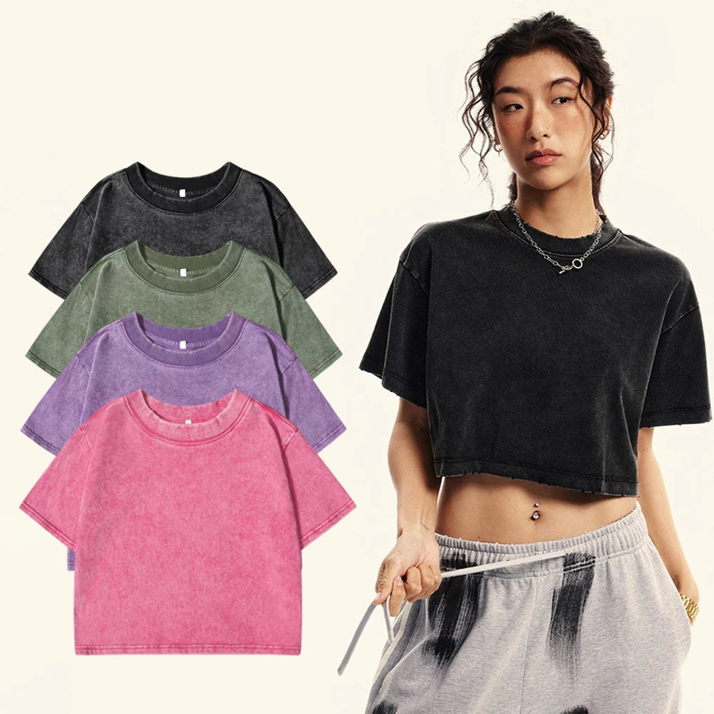 Y2k Cotton Washed T-shirts for Women Loose O-Neck Crop Tops Street Fashion Female Clothes Summer Vintage Short Sleeve Clothes.