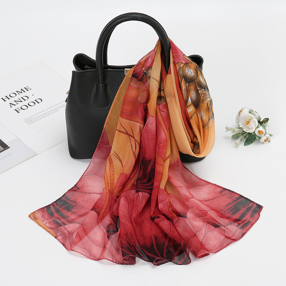 Elegant Lotus Flower Chiffon Scarf for Women - Stylish Sunscreen Accessory for Beach Travel and Holidays.