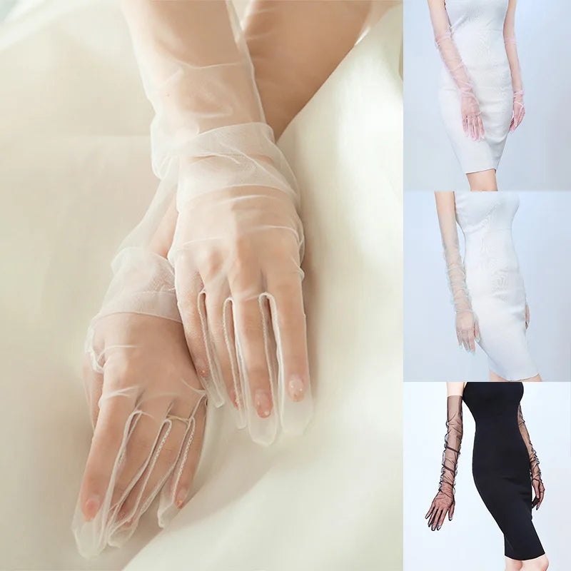 Elegant Elbow-Length Sheer Tulle Gloves for Weddings and Costume Parties.