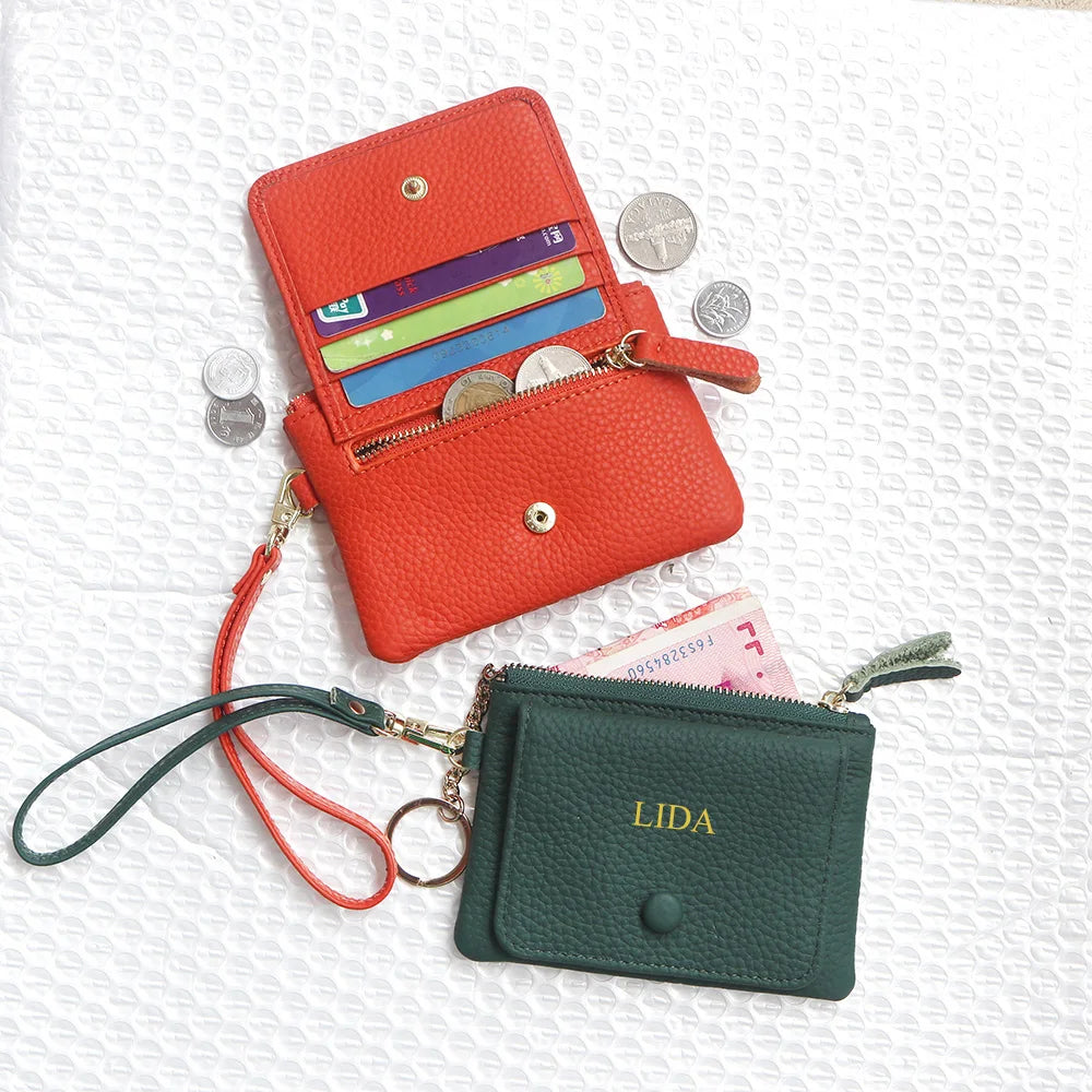 Custom Letters Women Coin Purse Genuine Leather Lady Keychain Card Holder Small Lanyard Wallet Personalize Name Zip Wristlet Bag - Elevate Your Body