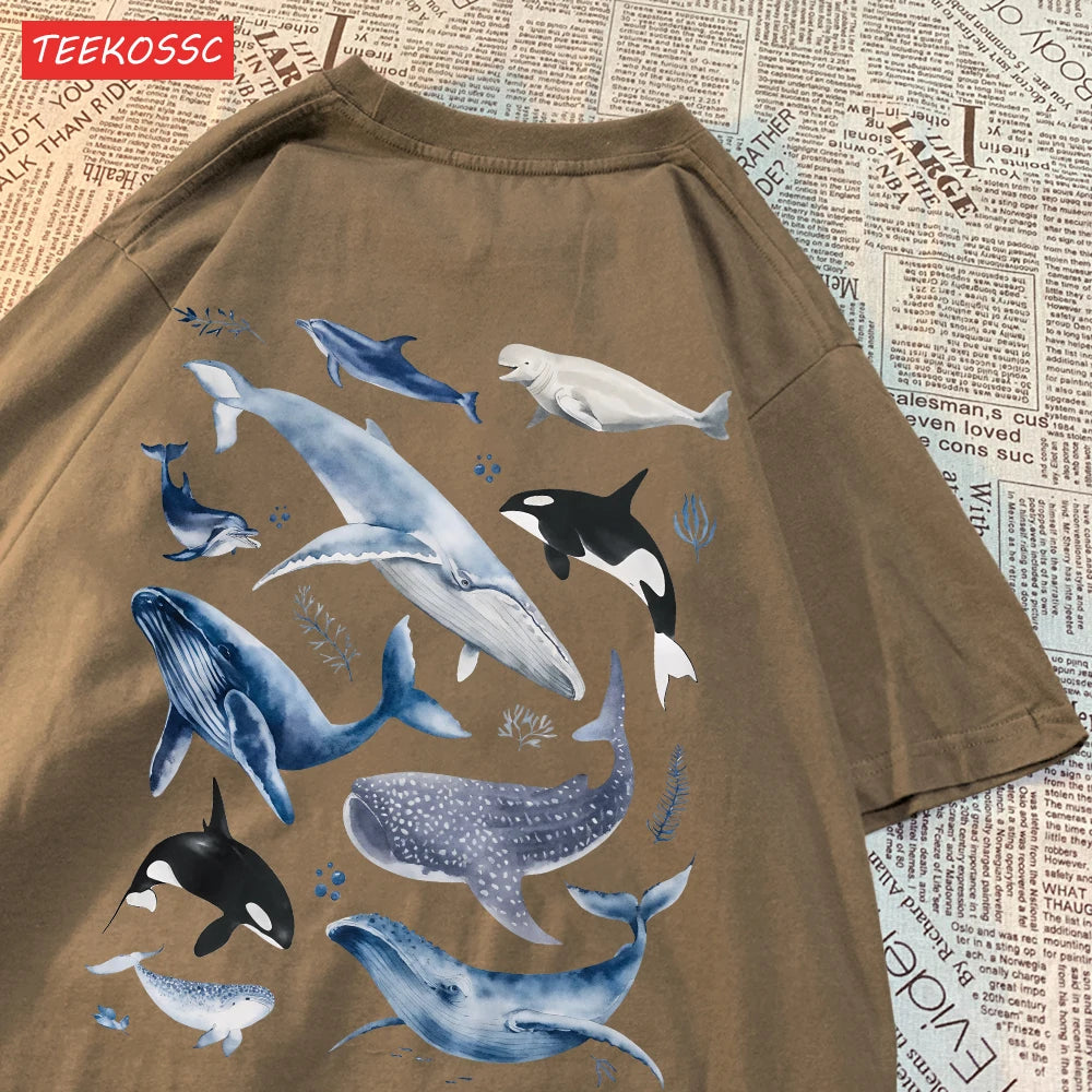 Fashion Cotton Women'S T-Shirts Ocean And Whales Printing Tops Oversize O-Neck Soft Short Sleeve Summer Casual Female Clothes.