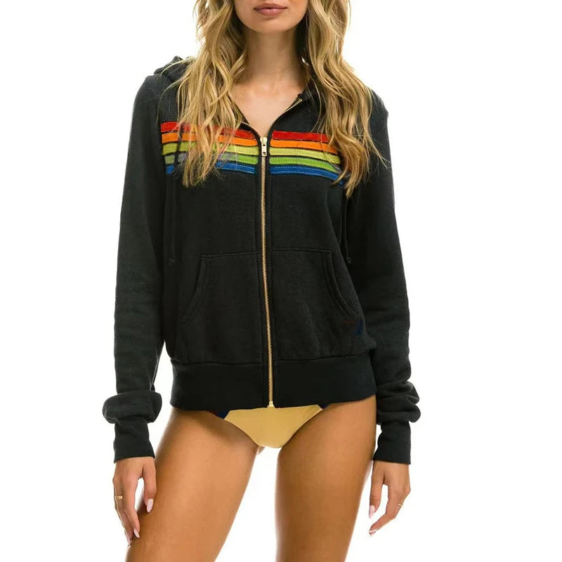 2025 Women Men Zipper Rainbow Long Sleeve Hooded Sweatershirt Harajuku Elastic Hip Hop 5 Stripe Hoodies Jacket.