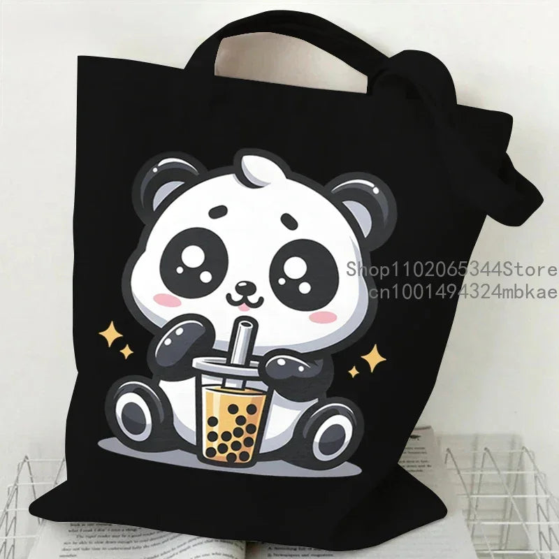 Cute Mouse Bobo Tea Pattern Canvas Shoulder Bag Women Animal Milk Tea Graphic Tote Bags Panda Frog Cartoon Women Shopping Purse.