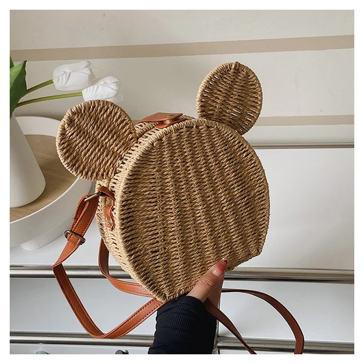 Disney 2023New Ladies Designer Straw Fancy Bag Cute Handbag Rattan Travel Leisure Vacation Small Round Beach Mickey Shoulder Bag - Elevate Your Body