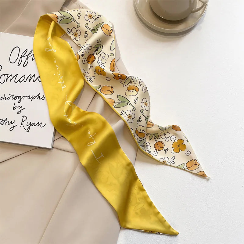 Elegant Yellow and White Silk Scarf for Women - Versatile Hair Tie and Bag Accessory for Spring and Summer.