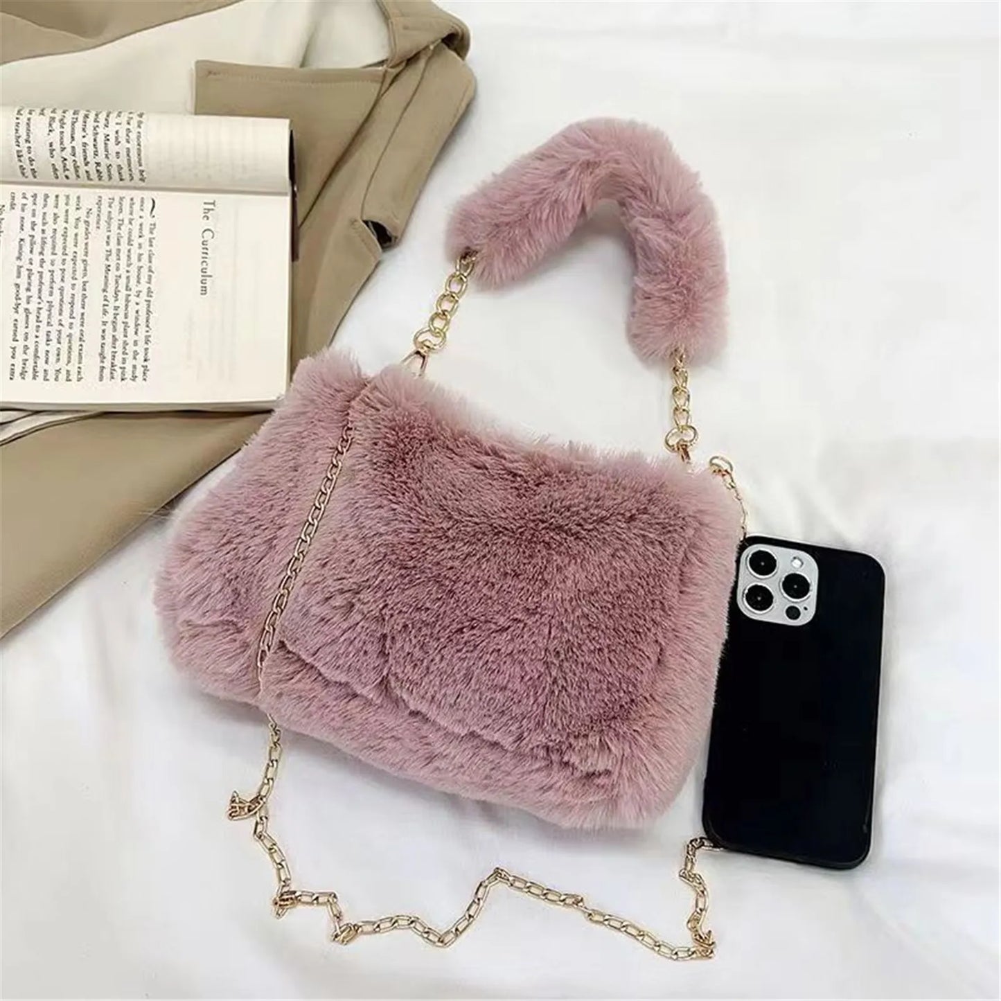 Plush Handbag Women'S New Eco-Friendly Fur Furry Mini Handbag Korean Fashion Plush Crossbody Bag Square Bag