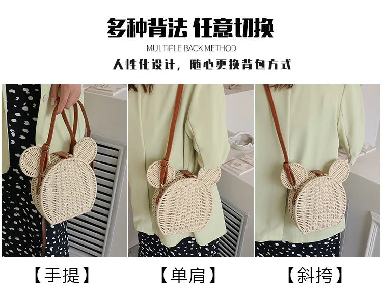 Disney 2023New Ladies Designer Straw Fancy Bag Cute Handbag Rattan Travel Leisure Vacation Small Round Beach Mickey Shoulder Bag.