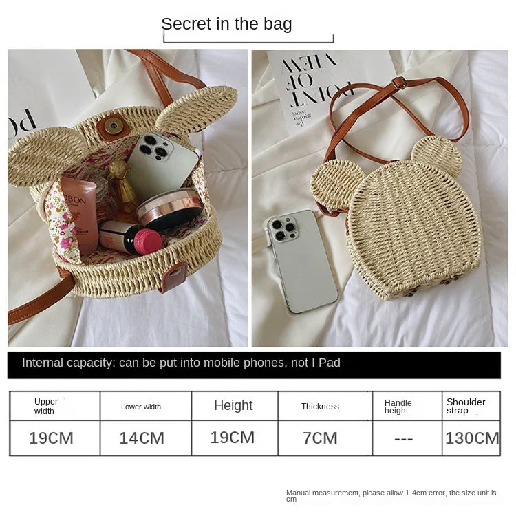 Disney 2023New Ladies Designer Straw Fancy Bag Cute Handbag Rattan Travel Leisure Vacation Small Round Beach Mickey Shoulder Bag.