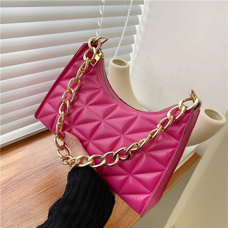 100% Polyurethane Solid Color Stitching Underarm Bag Chain One-shoulder WOMEN'S Bag