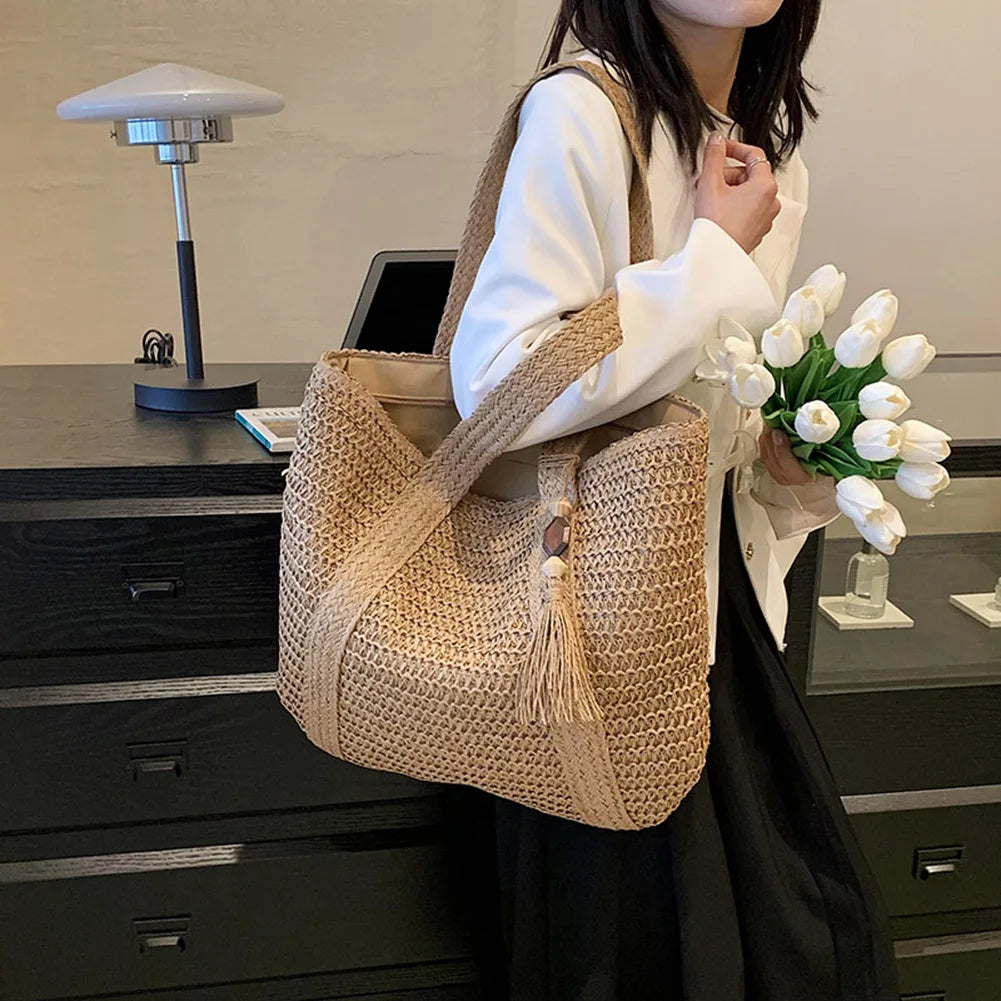 Women Shoulder Bag Summer Hand-Woven Handbags Fashion Handmade Simple Large Capacity with Tassel Pendant Shopping Handbag Tote.