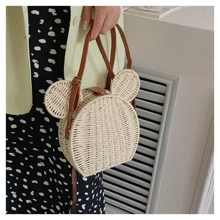 Disney 2023New Ladies Designer Straw Fancy Bag Cute Handbag Rattan Travel Leisure Vacation Small Round Beach Mickey Shoulder Bag - Elevate Your Body