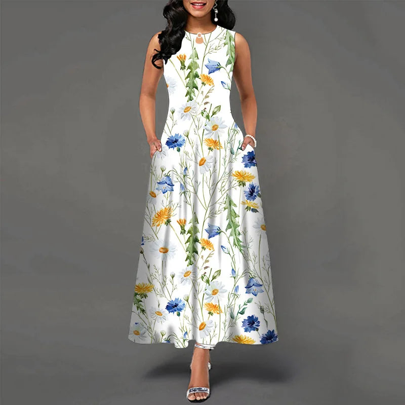 Flower Print New Casual Sleeveless Long Dress Women's V-Neck Printed Dress Swing Bohemian Retro Dresses - Elevate Your Body