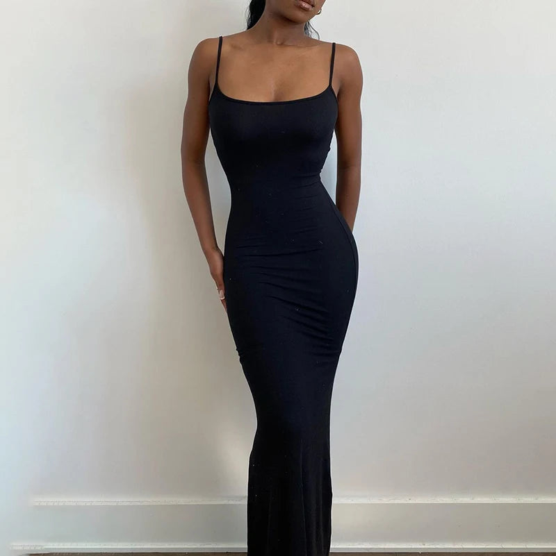 Women Backless Sexy Maxi Dress 2022 Spring Satin Slip Sleeveless Slim Party Concise платье Female Bodycon Dress Elegant Clothing - Elevate Your Body