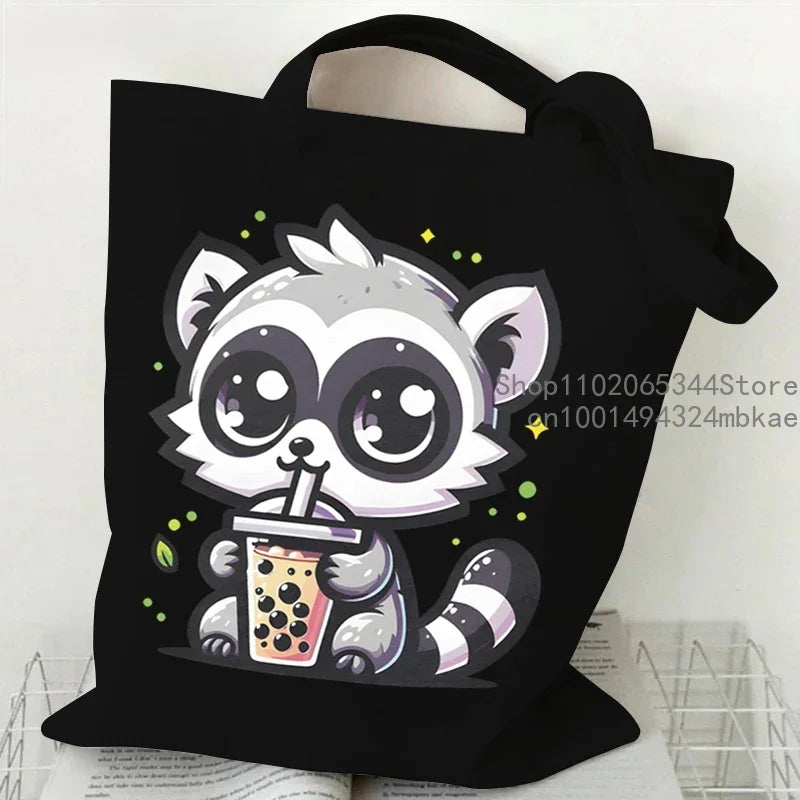 Cute Mouse Bobo Tea Pattern Canvas Shoulder Bag Women Animal Milk Tea Graphic Tote Bags Panda Frog Cartoon Women Shopping Purse.