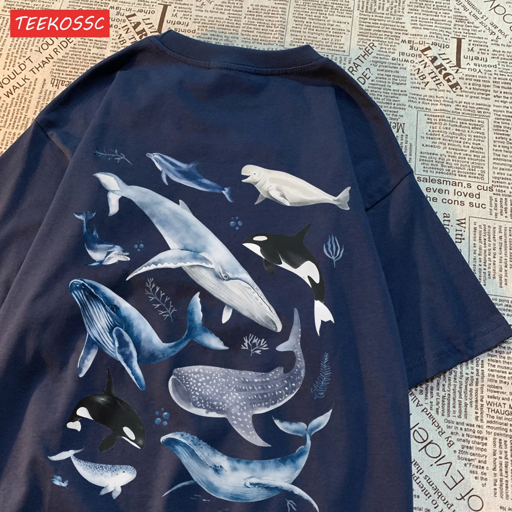 Fashion Cotton Women'S T-Shirts Ocean And Whales Printing Tops Oversize O-Neck Soft Short Sleeve Summer Casual Female Clothes.