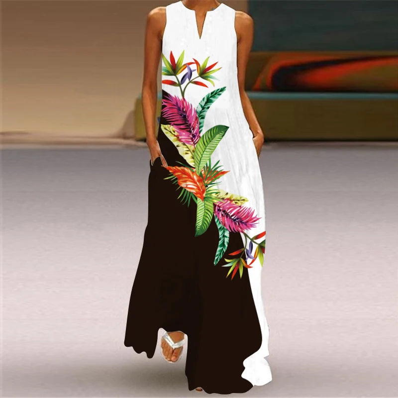 2024 New European and American Cross border Summer Long Dress Women's Sleeveless V-neck Printed Sexy.