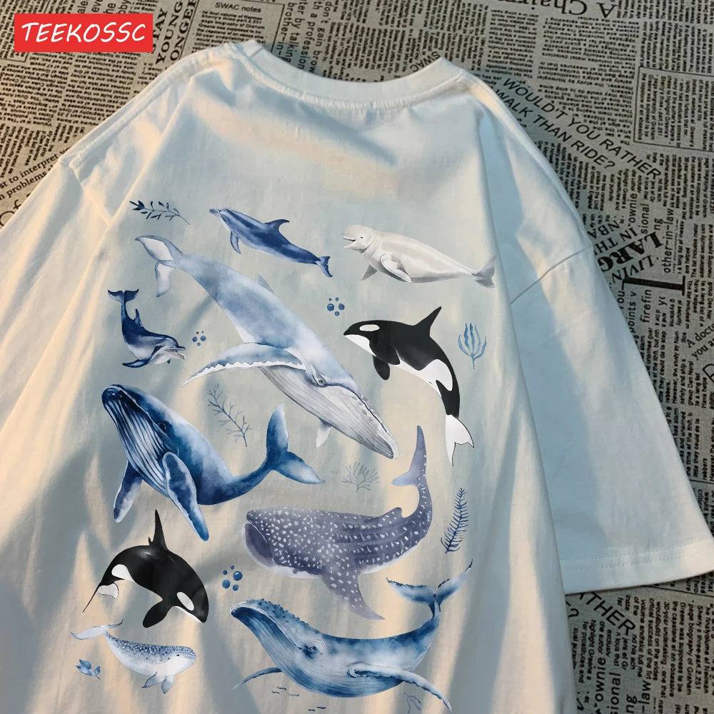 Fashion Cotton Women'S T-Shirts Ocean And Whales Printing Tops Oversize O-Neck Soft Short Sleeve Summer Casual Female Clothes.