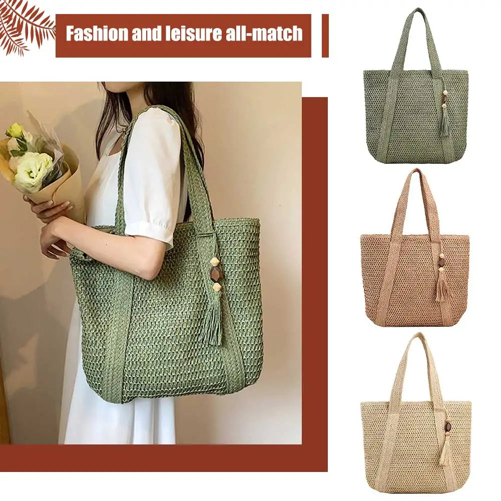 Summer Straw Women Bag Hand-Woven Handbags Handmade Raffia Beach Boho Shoulder Bag Large Tote Bag Tassel Shopping Purses 2024.