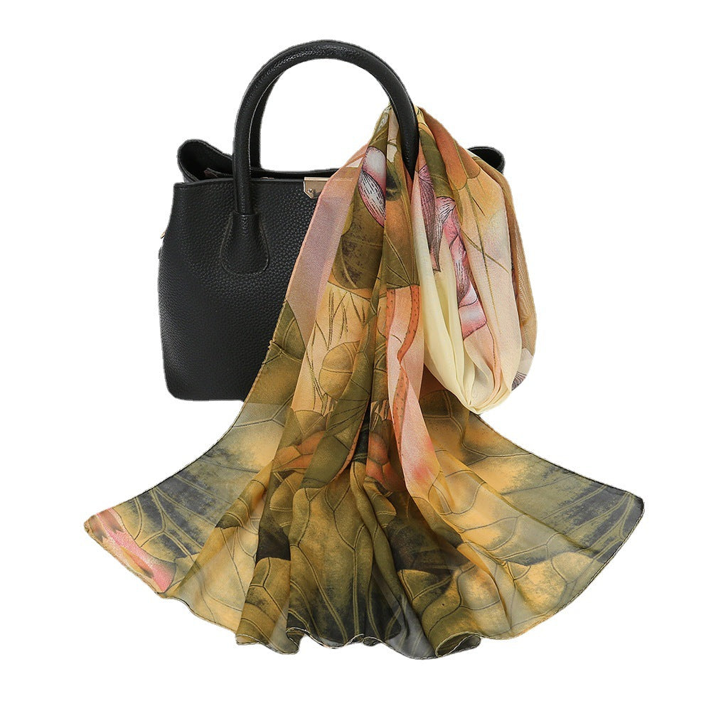 Elegant Lotus Flower Chiffon Scarf for Women - Stylish Sunscreen Accessory for Beach Travel and Holidays.