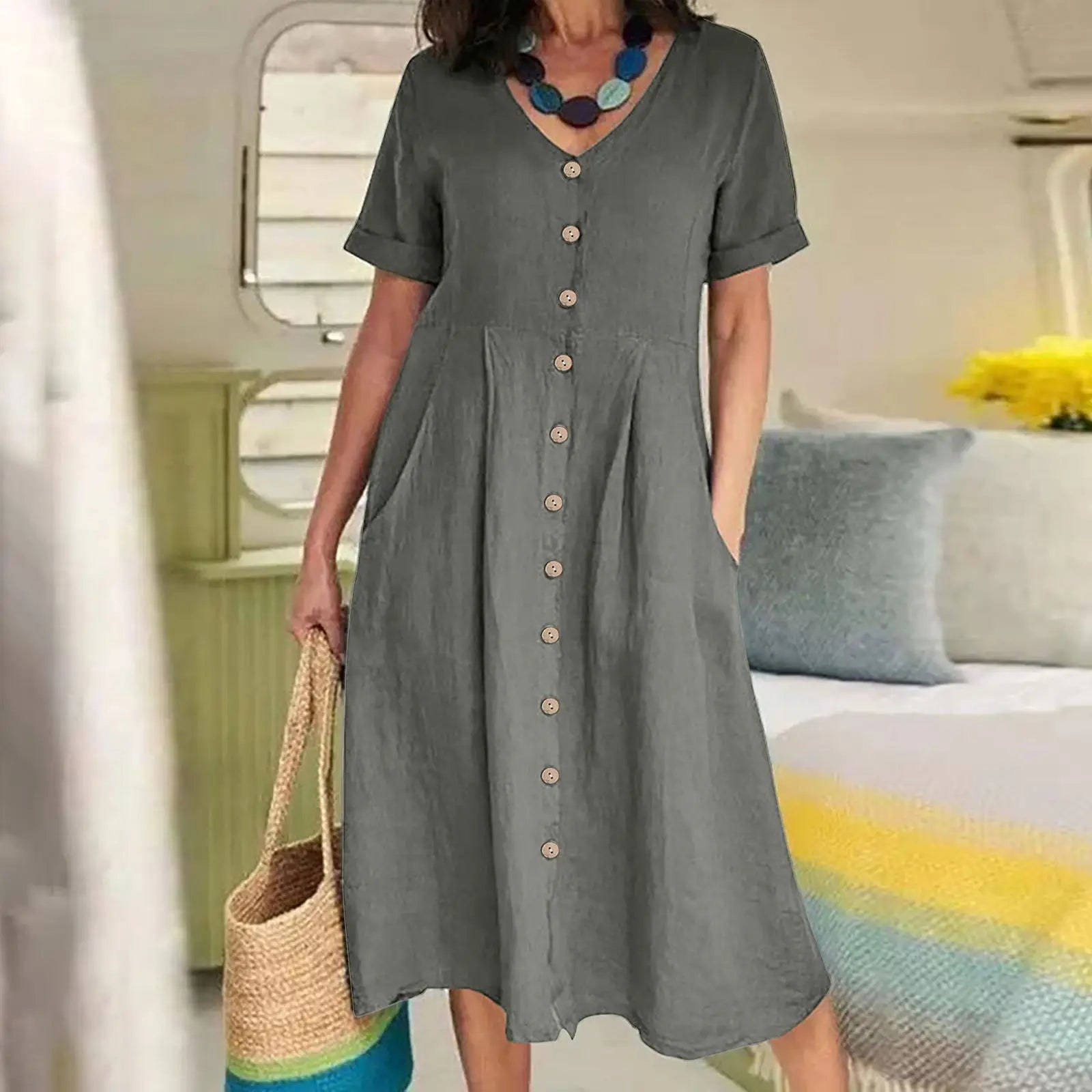 Women's Clothing Summer Casual V Neck Short Sleeve Cotton Linen Midi Dress Solid Loose High Waist Elegant Party Dresses Vestidos - Elevate Your Body