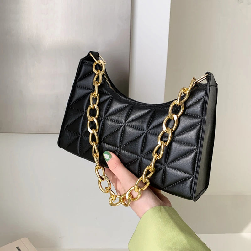 100% Polyurethane Solid Color Stitching Underarm Bag Chain One-shoulder WOMEN'S Bag.