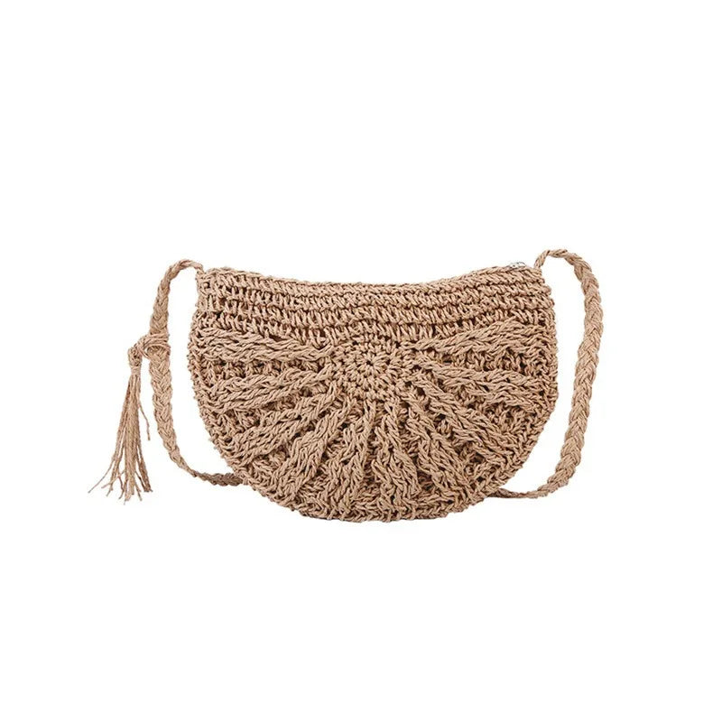 2023 Half Round Straw Bag for Women Summer Beach Rattan Shoulder Bag Zipper Woven Half Moon Crossbody Handbags Bohemia Vacation.