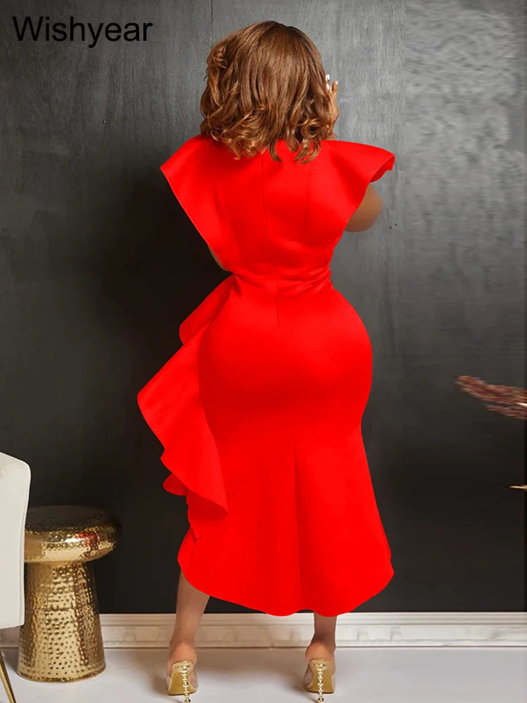 Sexy Flare Short Sleeve High Side Split Ruffles Bodycon Midi Dress Women Autumn Evening Wedding Party Birthday Vestidos Elegant - Elevate Your Body