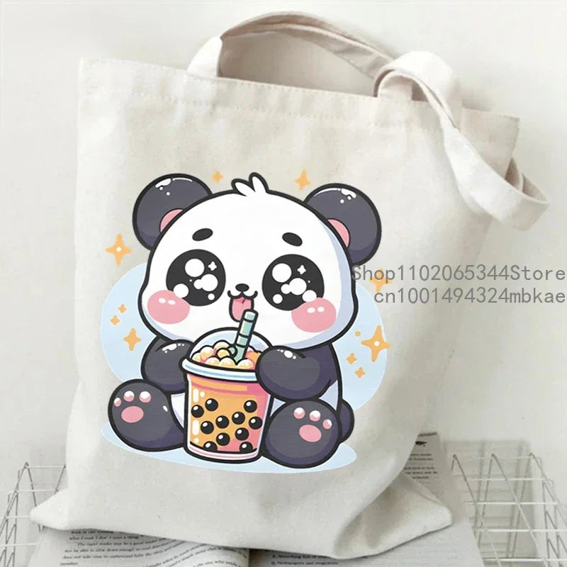 Cute Mouse Bobo Tea Pattern Canvas Shoulder Bag Women Animal Milk Tea Graphic Tote Bags Panda Frog Cartoon Women Shopping Purse.